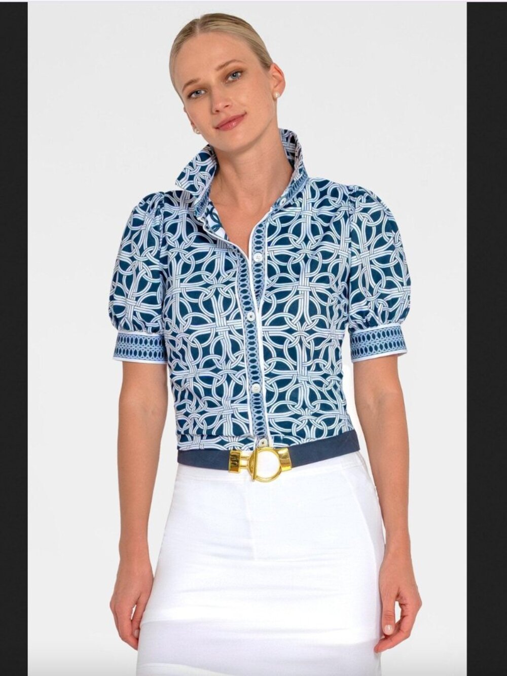 Gretchen Scott Puff Top, Ring Toss Navy White, XS Button Down Geometric Preppy